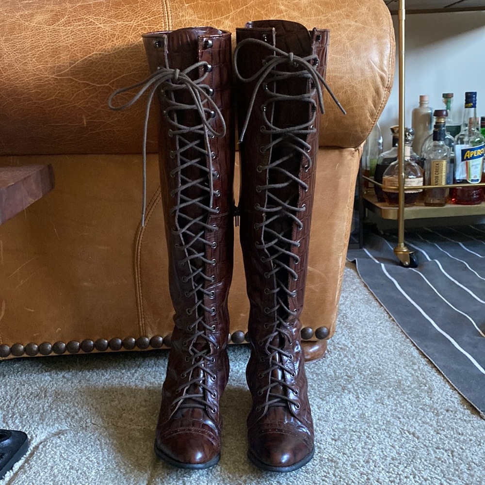 RARE Jeffrey Campbell Espresso Croc Joe Lace Up Boots